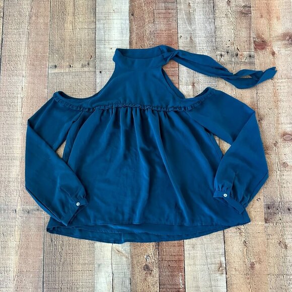 Paper Crane Womens Cold Shoulder Tie Neck Blouse Size S Polyester Blue - Picture 1 of 7